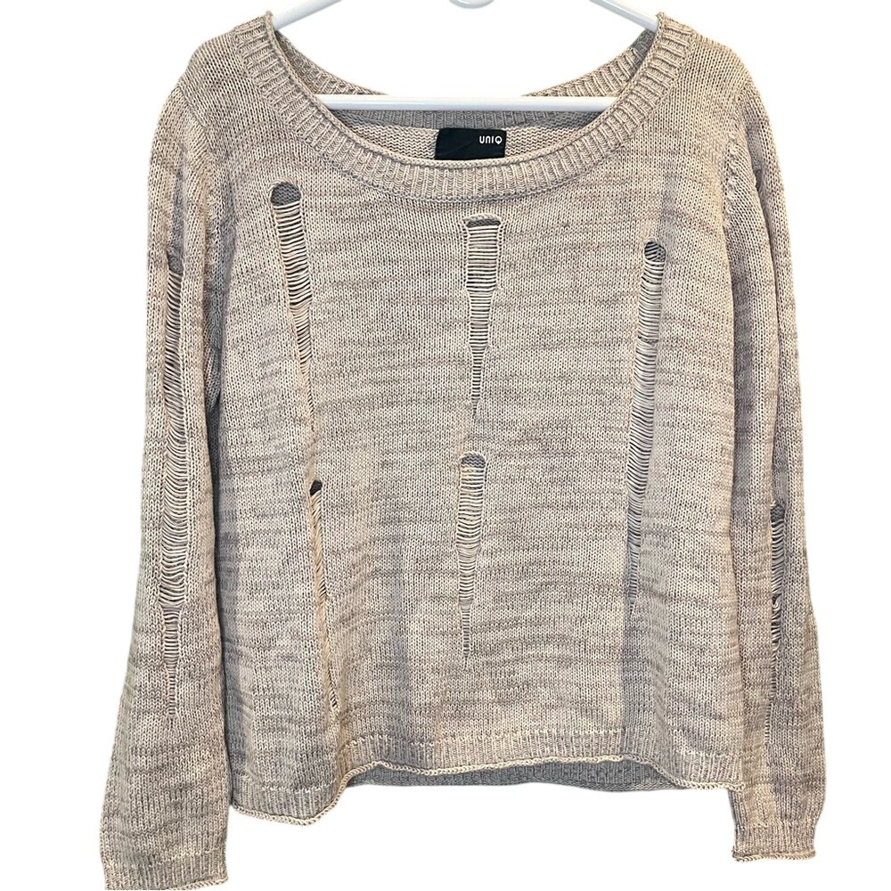 Uniq Womens Distressed Ladder Knit Sweater Tan Marl Scoop Neck‎ SW-7665 Medium
